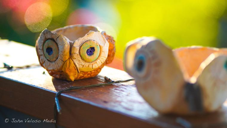 Carved wooden owls on a sunny railing