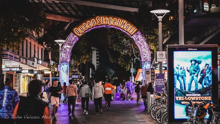 Queen Street Mall archway lit up at night